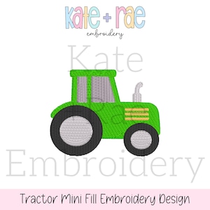 May include: Green tractor embroidery design with a mini fill. The tractor has a black chassis, gray wheels, and a yellow exhaust pipe.