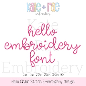 Könnte beinhalten: Rosa gestickter Schriftzug in Kettenstich für "hello embroidery font" in den Größen 1,0, 1,5, 2,0, 2,5 und 3,0 Zoll.