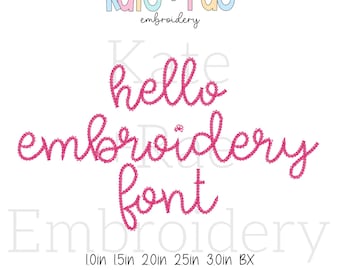 May include: Pink chain stitch embroidery font design for "hello embroidery font" with sizes 1.0, 1.5, 2.0, 2.5, and 3.0 inches.