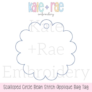 May include: A white background features a blue scalloped circle applique bag tag design. The text "Kate + Rae embroidery" is at the top in pastel colours. The words "Kate + Rae" are also in the centre of the tag. The text "Scalloped Circle Bean Stitch Applique Bag Tag" is at the bottom.