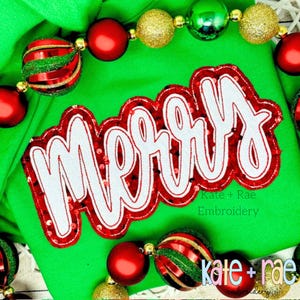 May include: Red and white "Merry" text with sequins on a green background. The text is in a cursive font and is surrounded by red and green Christmas ornaments.