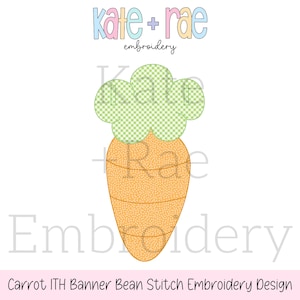 May include: A digital embroidery design of a carrot with a green top. The carrot is orange with a dotted pattern and the top is green with a white checkered pattern. The design is for use with an embroidery machine.