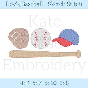 May include: Baseball themed embroidery design featuring a baseball, bat, glove, and cap. The design includes the name "Kate" and the text "Embroidery".