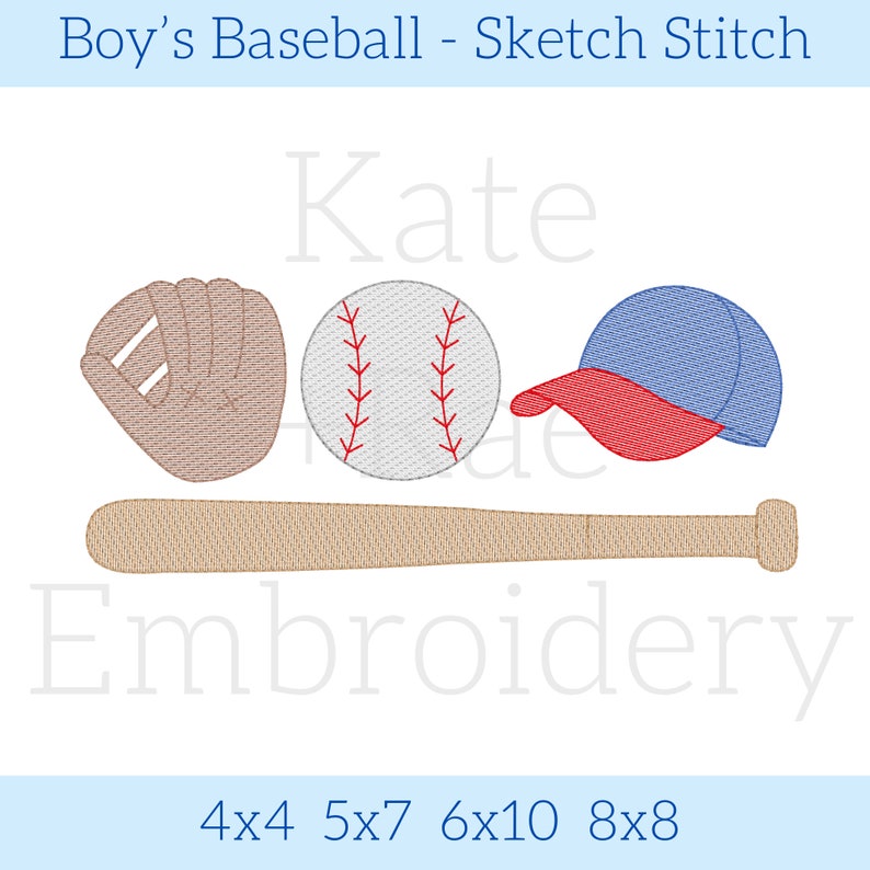 May include: Baseball themed embroidery design featuring a baseball, bat, glove, and cap. The design includes the name "Kate" and the text "Embroidery".
