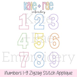 May include: Numbers 1-9 in a zigzag stitch applique design. The numbers are outlined in different pastel colors: pink, blue, purple, green, yellow, orange, light blue, dark blue, and lavender.