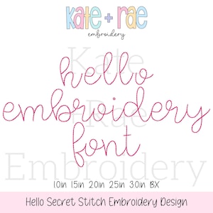 以下が含まれることがあります： ピンクの刺繍フォントデザインで、テキスト「hello embroidery font」と「kate + rae embroidery」が上部に表示されています。デザインには、1.0インチから3.0インチまでのサイズと「BX」オプションが含まれています。