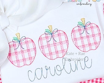 Mädchen kariertes gefülltes Apfel-Trio Stickmuster - Mädchen zurück in die Schule Stickdatei - Apfel-Trio-Stickerei - Digital Download