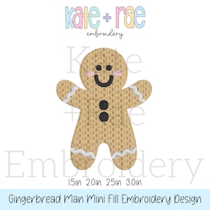 May include: Gingerbread man mini fill embroidery design. The design is available in four sizes: 1.5 inches, 2 inches, 2.5 inches, and 3 inches.
