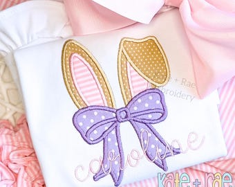 Easter Bunny Ears with Kinley Bow Satin Stitch Applique Embroidery Design • Girls Easter Applique • Machine Embroidery Digital Download