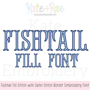 以下が含まれることがあります： 青色の装飾的なフォントで「FISHTAIL FILL FONT」という文字が描かれたグラフィックデザイン。ギンガムチェックのパターンで塗りつぶされています。テキストは白い背景に配置されています。画像の上部には「Kate + Rae」という文字とウェブサイトのアドレスが含まれています。