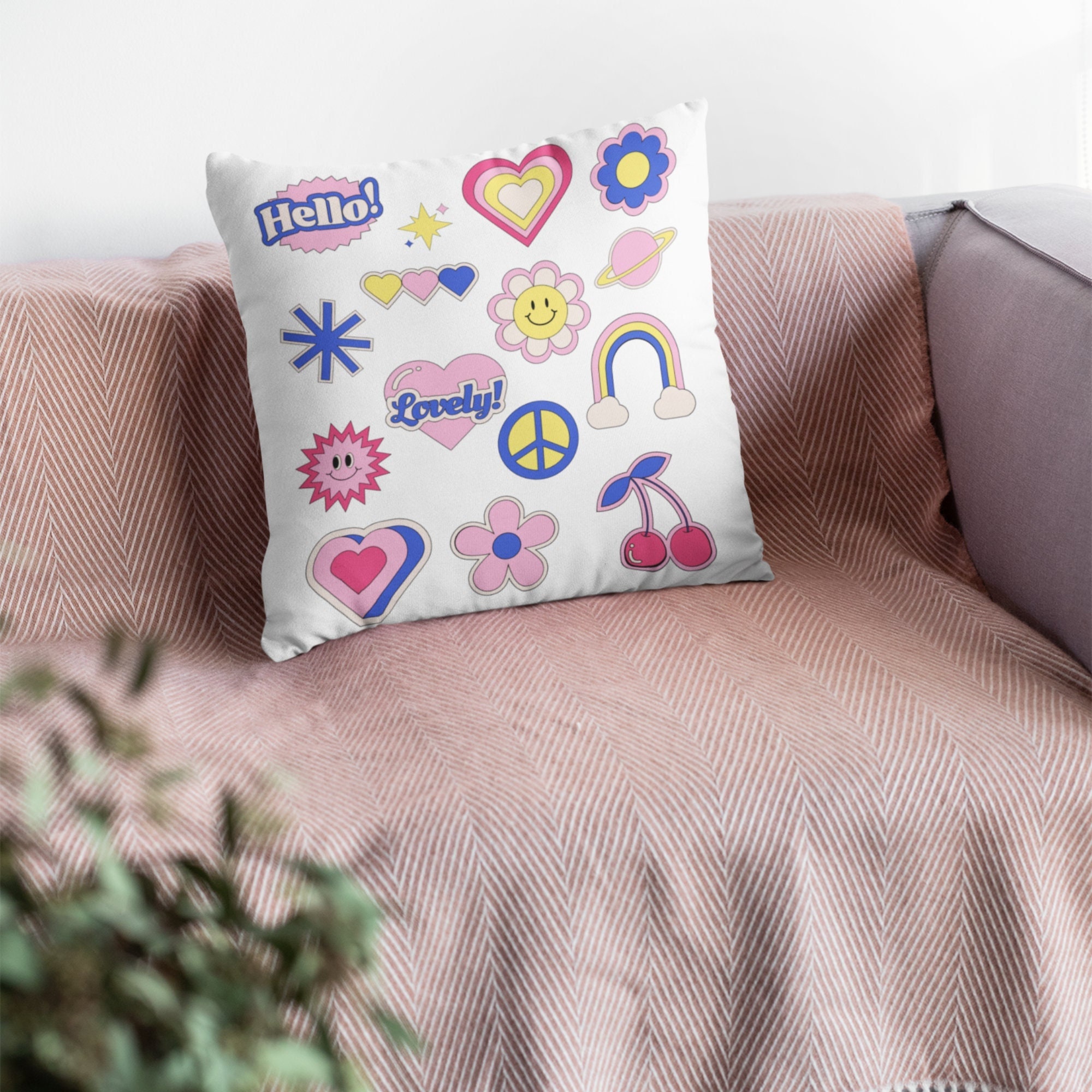 Cute Y2K JUSTICE Throw Pillow Pink Rainbow Unicorn Stars Little All