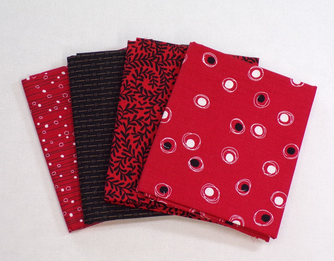 Fat Quarter Fabric Bundle, Four Fat Quarters, Red and Black Dots