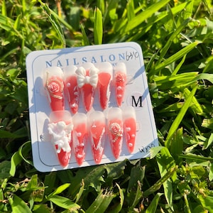 Pinky heart cute press on nails, angel press on nails, y2k nails press on, fake nails, fun nails, nails art, false nails, princess nails
