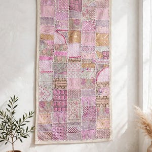Embroidered Wall Tapestry - Handmade Indian Sari Patchwork Art, Vibrant Ethnic Decor (120x60 cm)