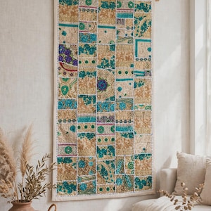 Embroidered Wall Tapestry - Handmade Indian Sari Patchwork Art, Vibrant Ethnic Decor (120x60 cm)