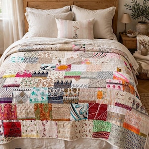 Puede incluir: Una colcha de patchwork que presenta una variedad de parches de tela rectangulares en diversos colores y patrones, incluyendo estampados florales, geométricos y abstractos. La colcha está cosida con hilo blanco visible y cubre una cama con almohadas beige.