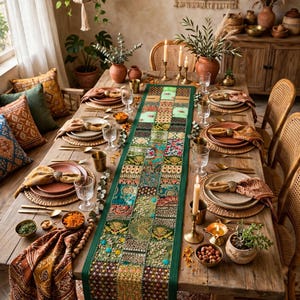 May include: A long rectangular table runner featuring a patchwork design of various embroidered fabric squares in shades of green, gold, and red, bordered by a solid dark green fabric, centered on a wooden dining table with place settings.
