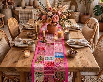 Luxury Patchwork Table Runner Handmade | Cotton Dining Table Decor | Boho Farmhouse Centerpiece | Artisan Table Linen(60x15 Inches)