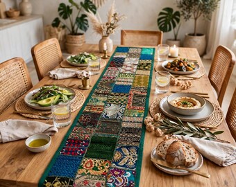 Farmhouse Table Runner Handmade | Rustic Patchwork Cotton Runner | Dining Room Decor | Country Kitchen Decoration (60x15 Inches)