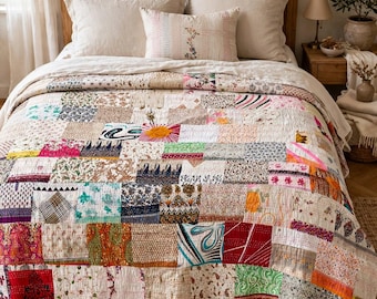 King Size Handmade Kantha Quilt, Vintage Silk Patchwork Bedspread, Boho Indian Blanket
