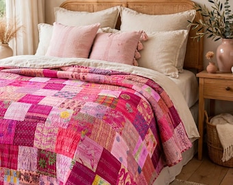 King Size Handmade Kantha Quilt, Vintage Silk Patchwork Bedspread, Boho Indian Blanket