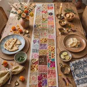 Handmade Patchwork Table Runner( 60x15inches) , Boho Embroidered Sari Decor, Colorful Indian Table Accent
