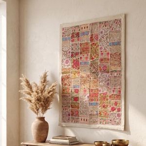Colorful Indian Patchwork Tapestry, Handmade Wall Decor, Dorm Room Art (90x60 cm)