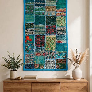 Indian Patchwork Wall Hanging, Boho Embroidered Tapestry, Bohemian Home Decor (32x16 inches)
