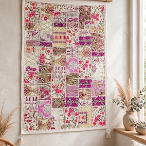 Indian Patchwork Tapestry, Handmade Embroidered Wall Hanging, Boho Indian Wall Decor, Colorful Textile Art, 90x60 cm
