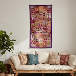 Arazzo da parete patchwork boho / 125 x 64 cm, decorazione da parete ricamata