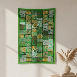 Embroidered Wall Tapestry - Handmade Indian Sari Patchwork Art, Vibrant Ethnic Decor (90x60 cm)