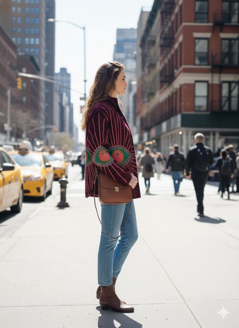 Pode incluir: Uma pessoa vestindo uma jaqueta bord&ocirc; com listras rosa verticais e desenhos verdes e laranja em forma de olho. Ela est&aacute; usando jeans azul claro, botas marrons e carregando uma bolsa transversal de couro marrom. O fundo mostra uma rua da cidade com t&aacute;xis amarelos.
