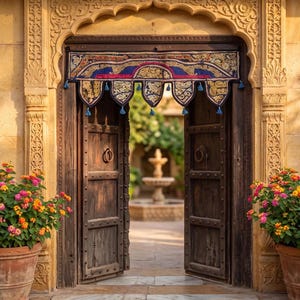 May include: An open, weathered wooden door with ornate carvings and a decorative textile valance. The doorway leads to a courtyard with a fountain. Potted plants with pink, orange, and yellow flowers flank the entrance.