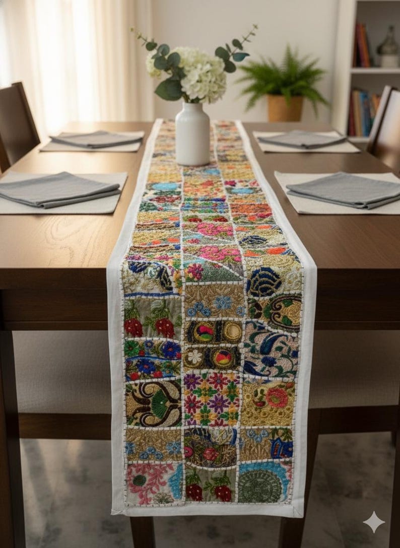 May include: A vibrant patchwork table runner with a white border, placed on a dark wooden table. The runner showcases embroidered squares in blue, pink, yellow, and green. A white vase with flowers is in the centre of the table.