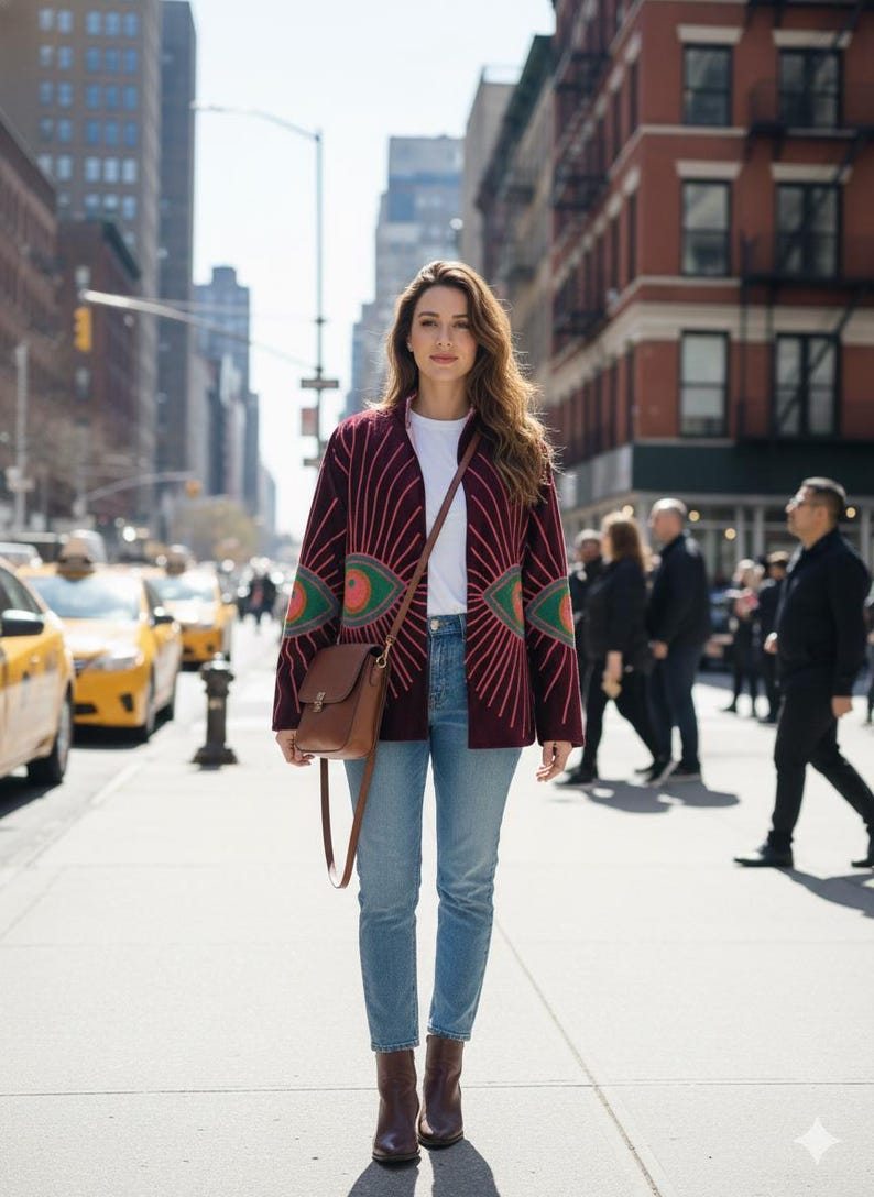 Pode incluir: Uma mulher usando um casaco bord&ocirc; com um design de olho, uma camiseta branca, jeans azuis e botas marrons. Ela est&aacute; carregando uma bolsa transversal de couro marrom. O fundo mostra uma rua da cidade com t&aacute;xis amarelos e pedestres.
