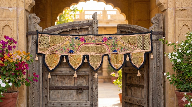May include: A decorative textile door hanging with a gold and black design. The textile features floral and geometric patterns with pink, blue, and green accents. The hanging has a scalloped bottom edge with tassels. The door is made of weathered wood.