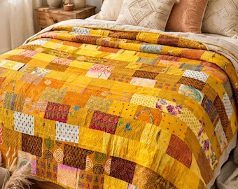 King Size Handmade Kantha Quilt, Vintage Silk Patchwork Bedspread, Boho Indian Blanket
