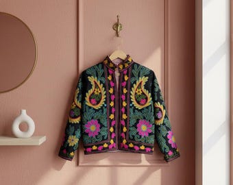 Jaqueta Suzani de veludo feita à mão | Casaco Boho bordado