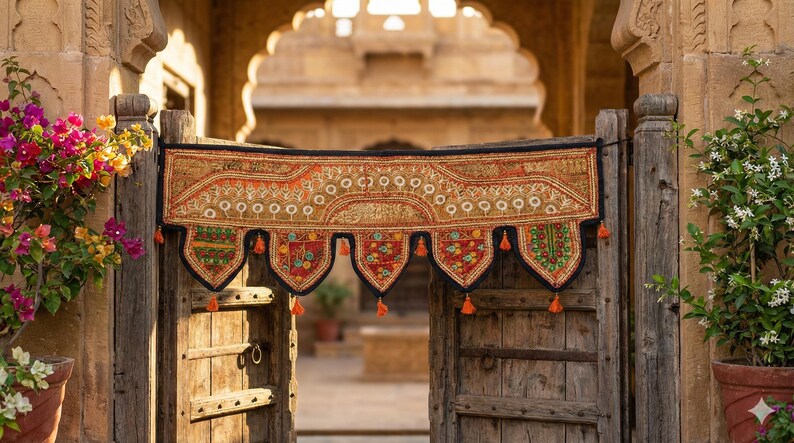 May include: An ornate, embroidered textile hangs above a weathered wooden door. The textile features intricate patterns in shades of orange, red, and green, with decorative tassels. The scene is framed by stone architecture and flowering plants.