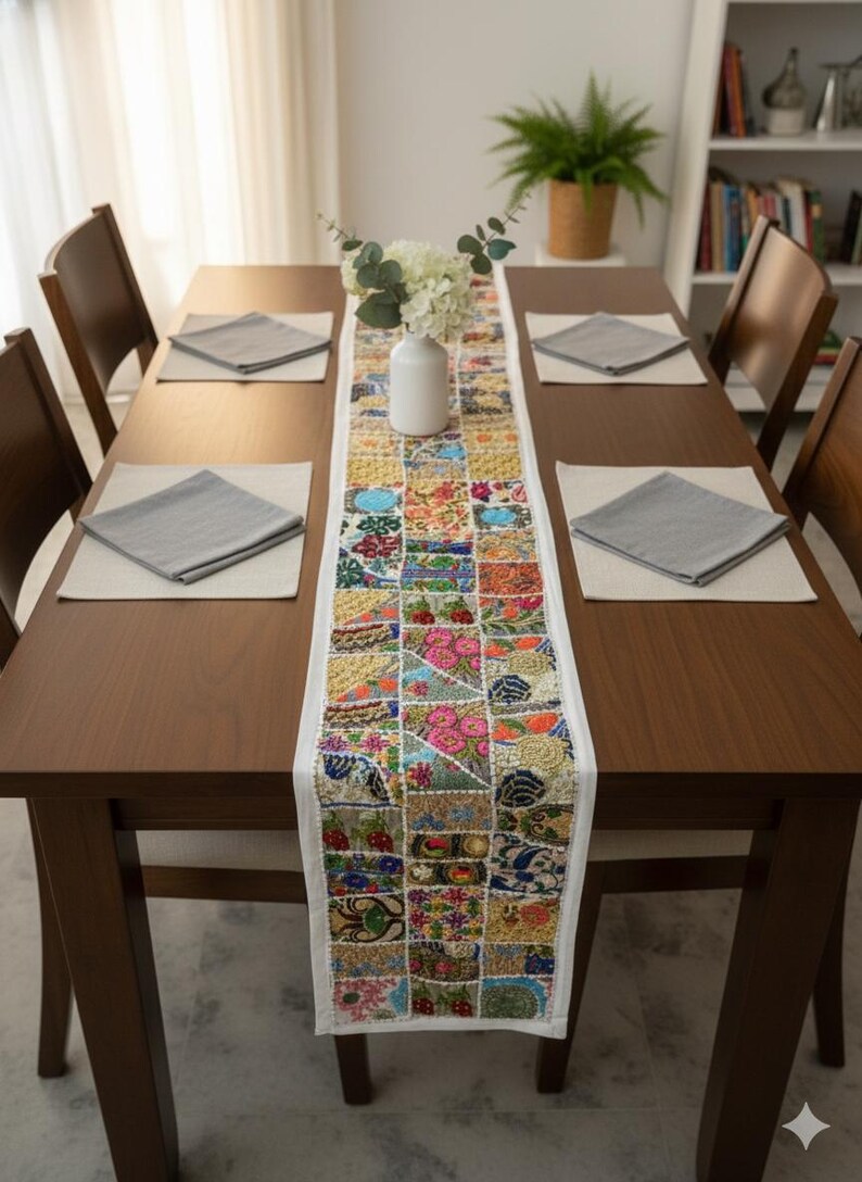 May include: A dining table set for six with a patchwork table runner. The runner has floral and geometric patterns in pink, blue, yellow, and green. The table is set with grey napkins and placemats. The table runner is approximately 180 cm long.