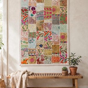 Tapiz indio de patchwork, tapiz bordado a mano para colgar en la pared, decoración bohemia india para la pared, arte textil colorido, 90 x 60 cm