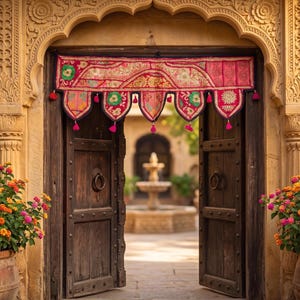 May include: An open, dark wooden door with a decorative, embroidered valance in shades of red, pink, and gold. The door leads to a courtyard with a fountain. Potted plants with colorful flowers flank the doorway.