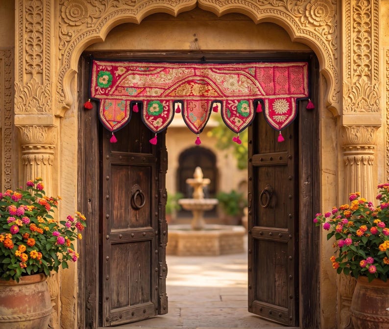 May include: An open, dark wooden door with a decorative, embroidered valance in shades of red, pink, and gold. The door leads to a courtyard with a fountain. Potted plants with colorful flowers flank the doorway.
