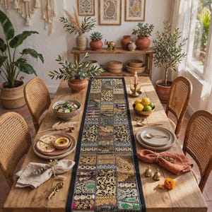 Può includere: Un runner da tavola rettangolare caratterizzato da un design patchwork di vari tessuti ricamati in tonalità nere, dorate e metallizzate, arricchito da piccoli specchi circolari e intricati motivi floreali, centrato su un tavolo da pranzo in legno.