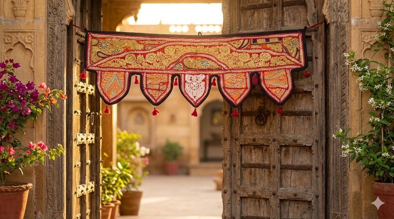 May include: A decorative textile valance with intricate embroidery in red, gold, and orange hues hangs above a weathered wooden door. The valance features a scalloped edge with red tassels. The scene is framed by a stone archway and potted plants.