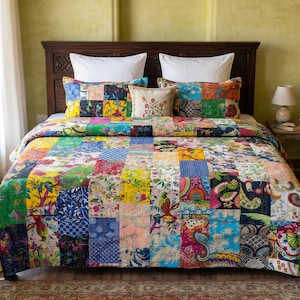 Couvre-lit vintage Kantha, taille King, en coton fait main, patchwork indien, décoration de chambre bohème