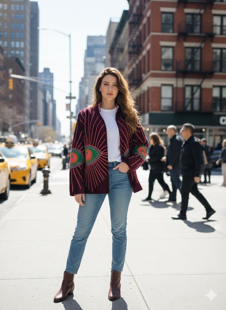 Pode incluir: Cardig&atilde; bord&ocirc; com um design de olho em tons de verde, vermelho e rosa. Usado sobre uma camiseta branca, combinado com jeans azuis e botas marrons. O fundo mostra uma rua da cidade com t&aacute;xis amarelos e pedestres.