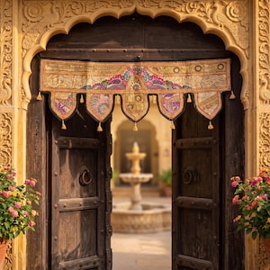 May include: An open, dark wooden door with a colorful, embroidered valance. The valance features intricate patterns in shades of gold, pink, purple, and green. The door is set within a carved stone archway, with potted flowers on either side.
