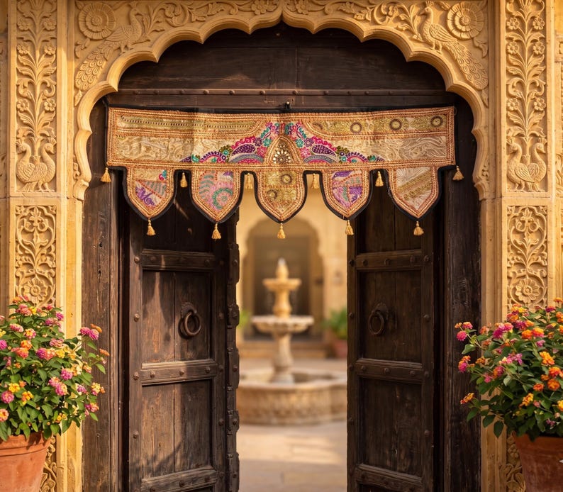 May include: An open, dark wooden door with a colorful, embroidered valance. The valance features intricate patterns in shades of gold, pink, purple, and green. The door is set within a carved stone archway, with potted flowers on either side.