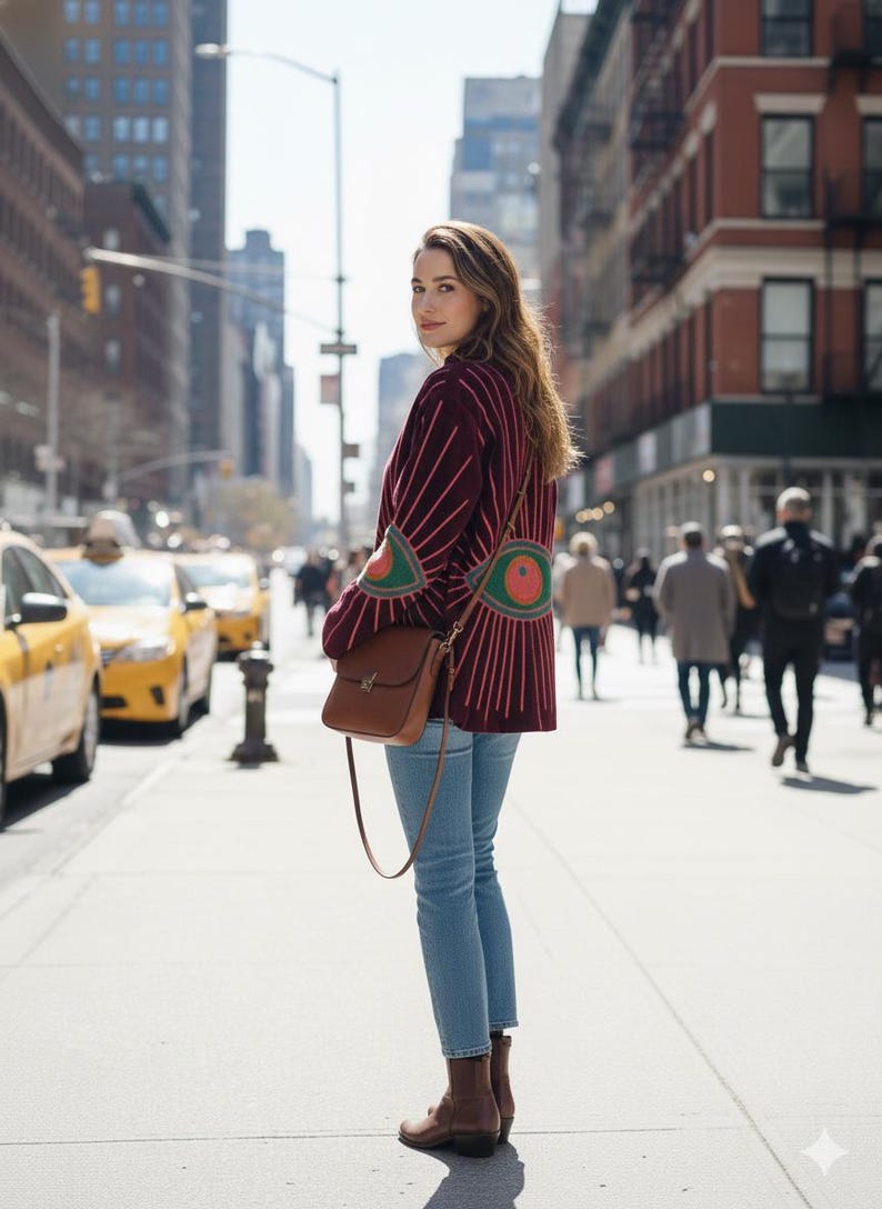 Pode incluir: Uma pessoa est&aacute; numa rua da cidade usando um su&eacute;ter bord&ocirc; com listras rosa e desenhos em forma de olho. Ela usa jeans azuis, botas marrons e carrega uma bolsa de couro marrom. T&aacute;xis amarelos e edif&iacute;cios ao fundo.